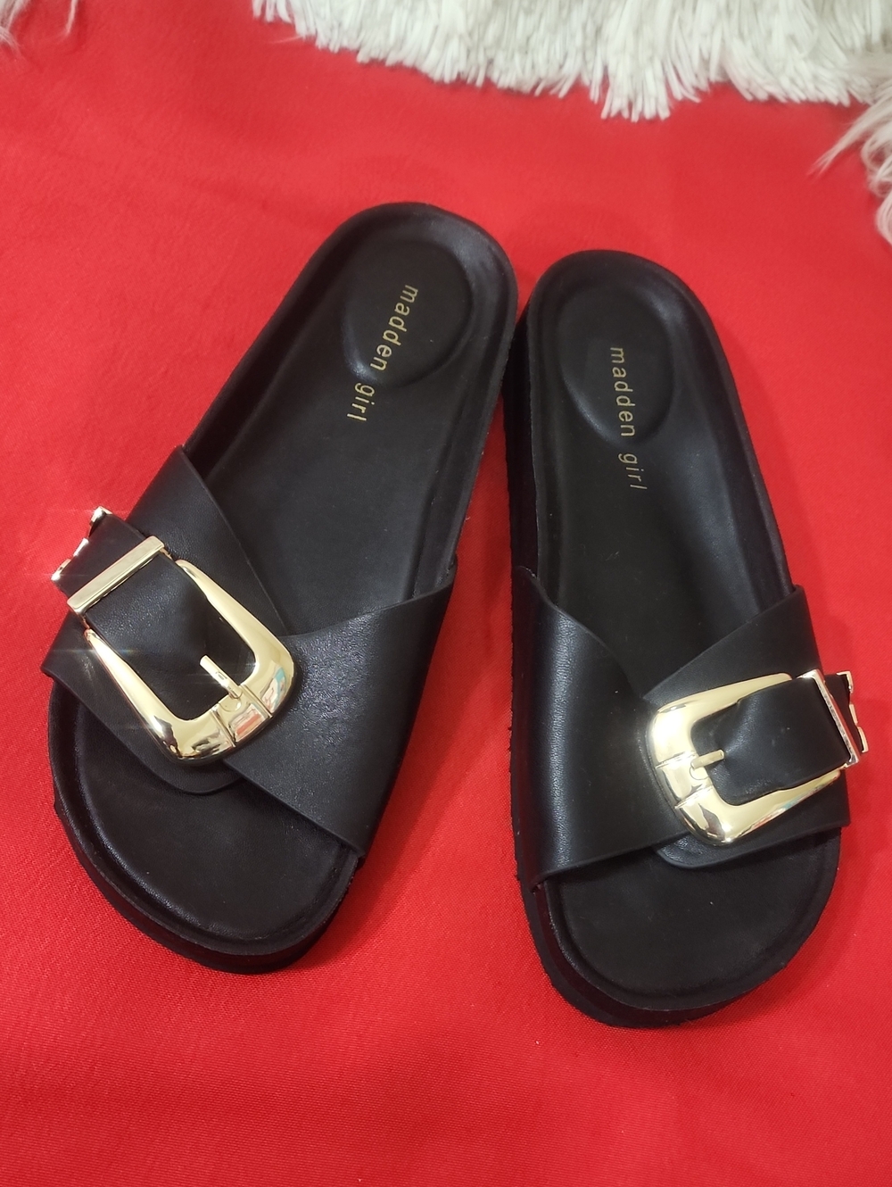 Madden Girl Brooks Black Slide Sandals with Gold Buckle Accent